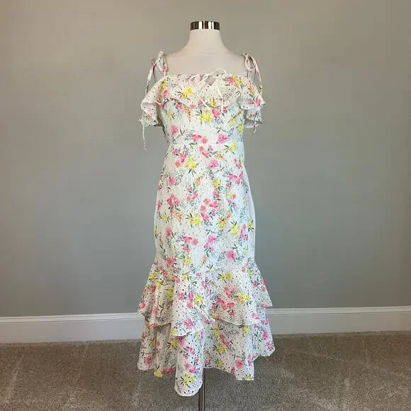 Yumi Kim Floral Cotton Eyelet Lace A-Line Midi San Juan Dress White Size 10 - Picture 2 of 11